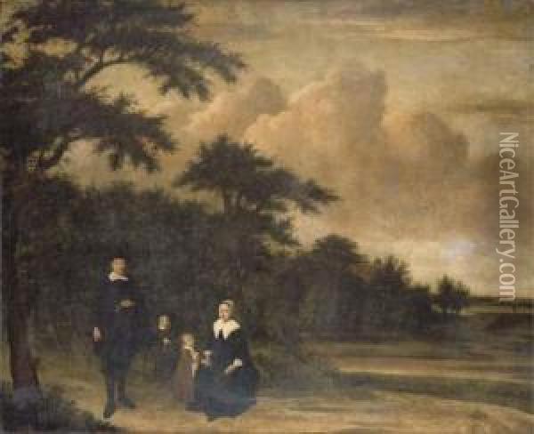 A Group Portrait Of A Gentleman 
And A Lady With Their Children Inan Extensive Wooded Landscape Oil Painting - Philips Koninck