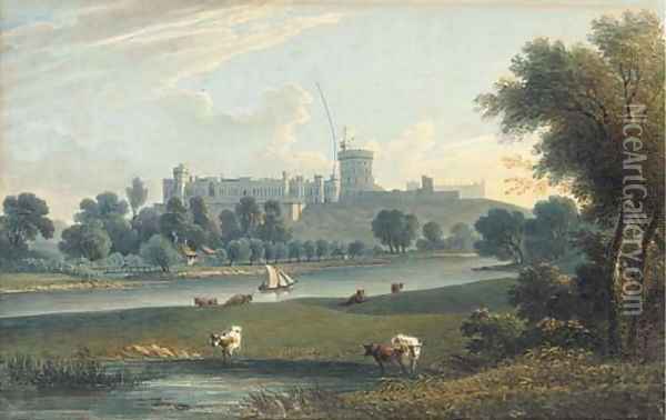 Cattle grazing on the banks of the Thames before Windsor Castle Oil Painting - English School