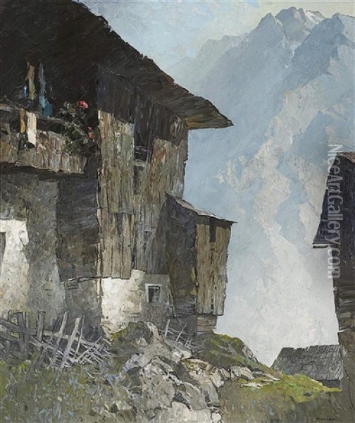 A Mountain Farm Oil Painting - Oskar Mulley