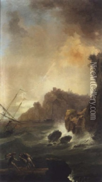 Fischer Im Seesturm Auf Einer Felsenkuste Oil Painting - Charles Francois Lacroix