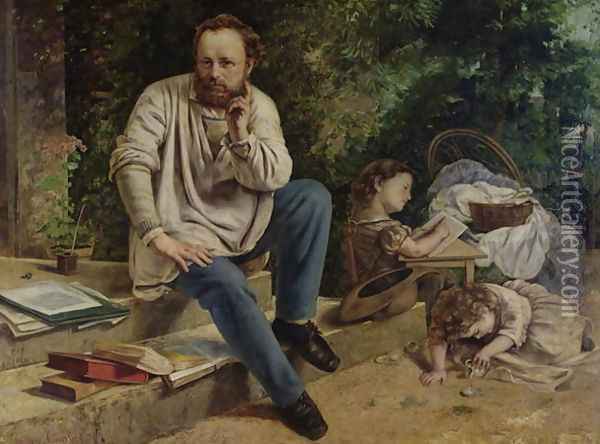 Pierre Joseph Proudhon (1809-65) and his children in 1853, 1865 Oil Painting - Gustave Courbet