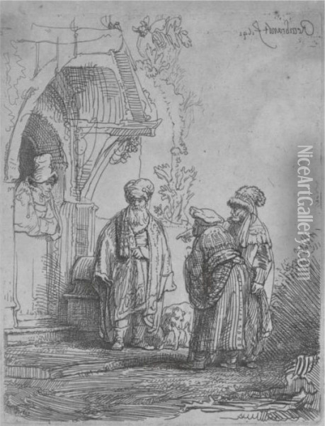 Three Oriental Figures (jacob 
And Laban?) (bartsch, Hollstein 118; Hind 183; Bjorklund &amp; 
Barnard 41-f) Oil Painting - Rembrandt Van Rijn