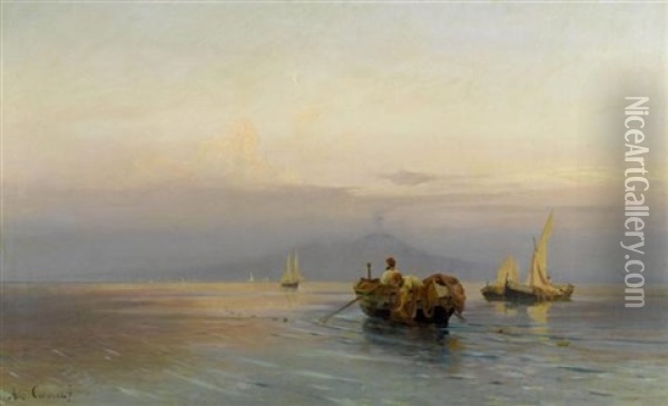 Fischerboote In Der Bucht Vor Neapel Mit Vesuv Im Hintergrund Oil Painting - Jean-Baptiste-Arthur Calame