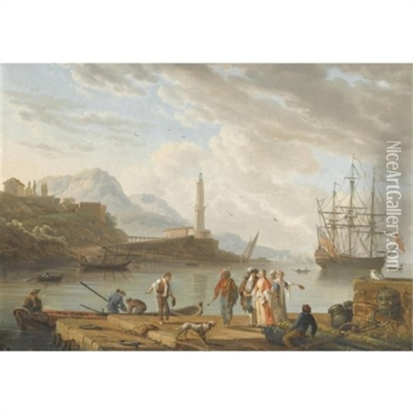 A Mediterranean Harbour Scene With Figures Conversing In The Foreground Oil Painting - Charles Francois Lacroix