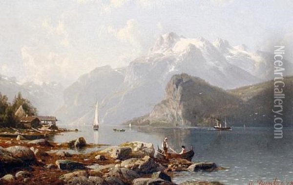 An Alpine Lake Scene, Lake Hallstatter, Dachstein Oil Painting - Johannes Bartholomaeus Duntze