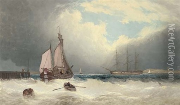 A Barge Running Out Of Harbour, A Frigate Riding On Her Anchor Beyond Oil Painting - David James