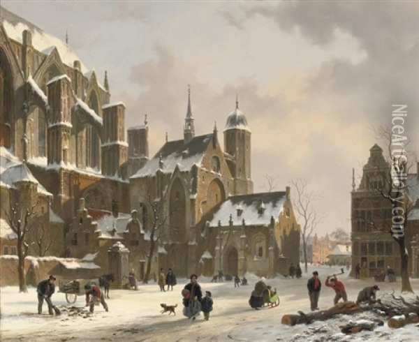 Daily Activities Near A Sunlit Church In Winter Oil Painting - Bartholomeus Johannes Van Hove