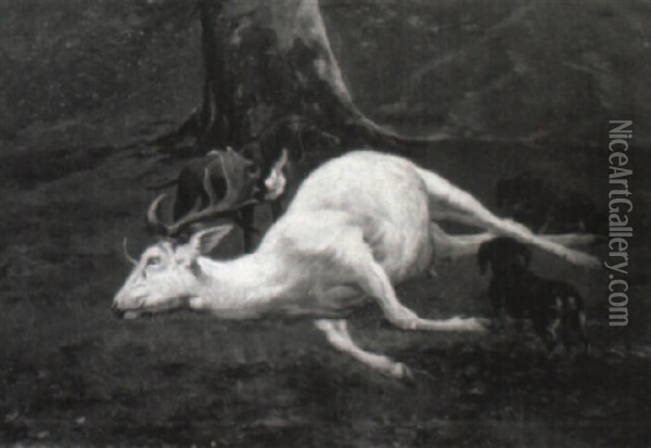 En Nedlagt D+hjort Omgivet Af Jagthunde Oil Painting - Simon Simonsen