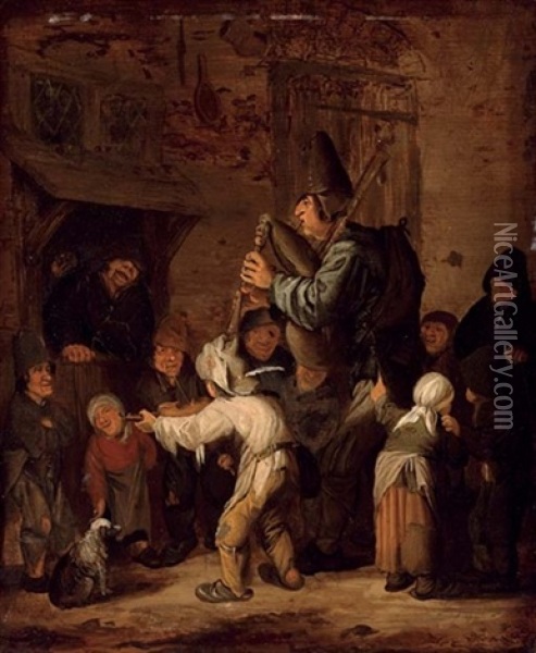 Children Gathered Around A Figure Playing A Bagpipe Oil Painting - Isaac Van Ostade