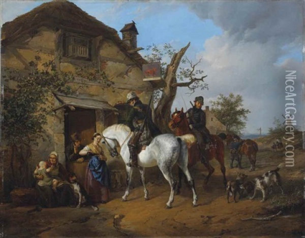 Hunters Near The Inn 'im Rotten Loeven' Oil Painting - Carl Friedrich Schulz