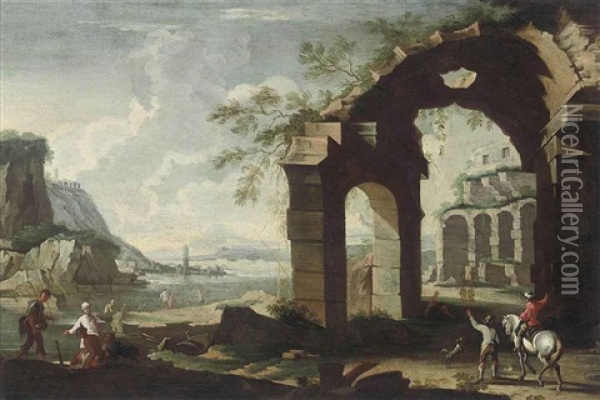 An Architectural Capriccio With Classical Ruins And Figures Conversing On A Shore Oil Painting - Leonardo Coccorante