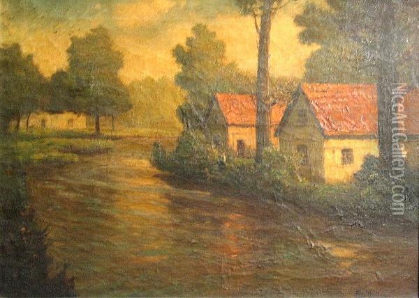 Cottages On A River Oil Painting - Fritz Thaulow