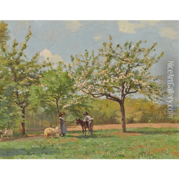 Wiese Mit Bluhendem Obstbaum Und Bauernpaar Oil Painting - Francois Furet