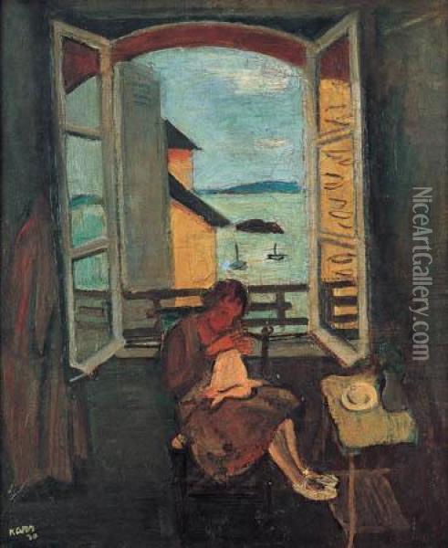 A Woman Sawing Near An Open Window Oil Painting - Georges Kars