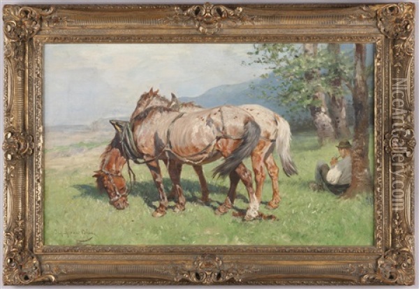 Bauer Mit Pferden Bei Der Rast Oil Painting - Julius von Blaas