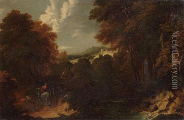 Attributed Wooded Landscape With Horsemen Oil Painting - Lodewijk De Vadder