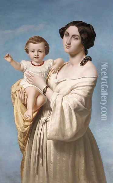 Portrait of a mother, standing, with her child in her arms Oil Painting - French School