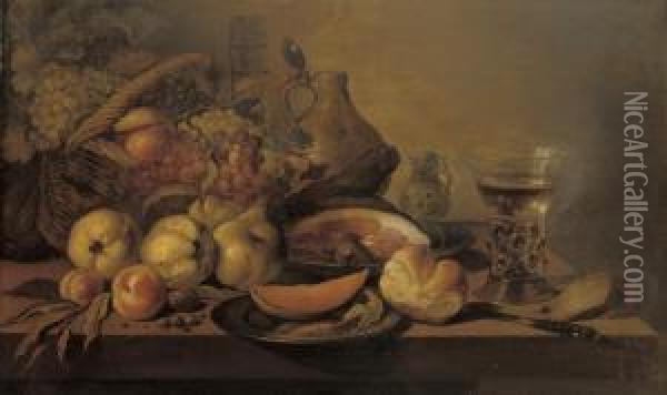 Quinces, Peaches, A Sliced Melon On A Silver Plate Oil Painting - Pieter Claesz.