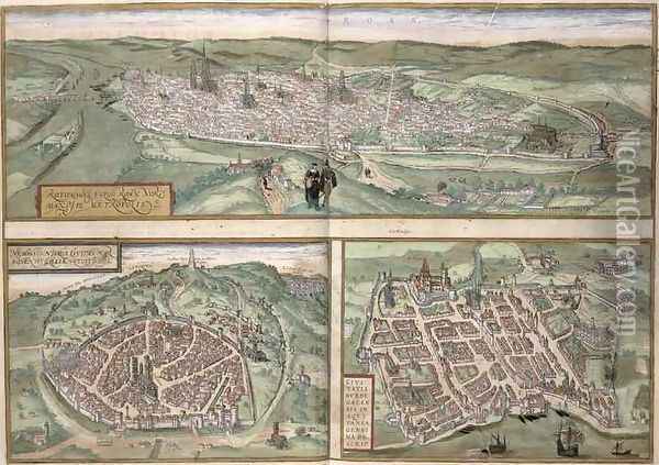 Town Plans of Rouen Nimes and Bordeaux from Civitates Orbis Terrarum Oil Painting - Joris Hoefnagel