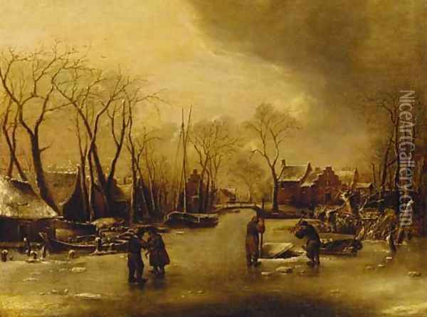 A frozen river landscape with figures cutting ice, a village beyond Oil Painting - Jan Van De Cappelle