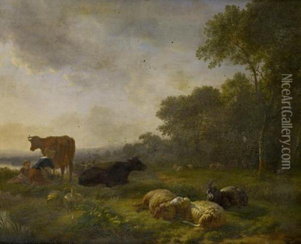 A Milkmaid And Cattle Before An Open Landscape Oil Painting - Balthasar Paul Ommeganck