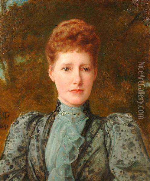 Portrait Of A Lady, Bust Length, Wearing A Grey Dress. Oil Painting - Frederick Goodall