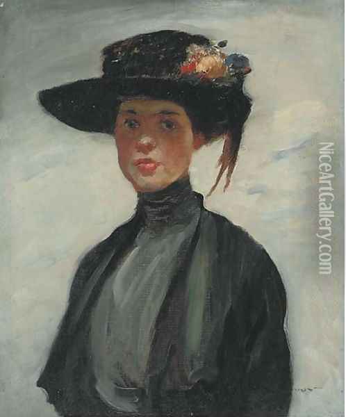 Portrait of a lady, half-length, in a black dress and hat Oil Painting - Continental School