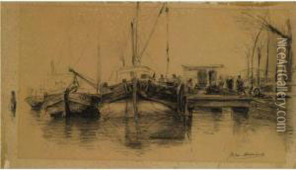 Flatboats In A Harbour Oil Painting - Johann Hendrik Van Mastenbroek