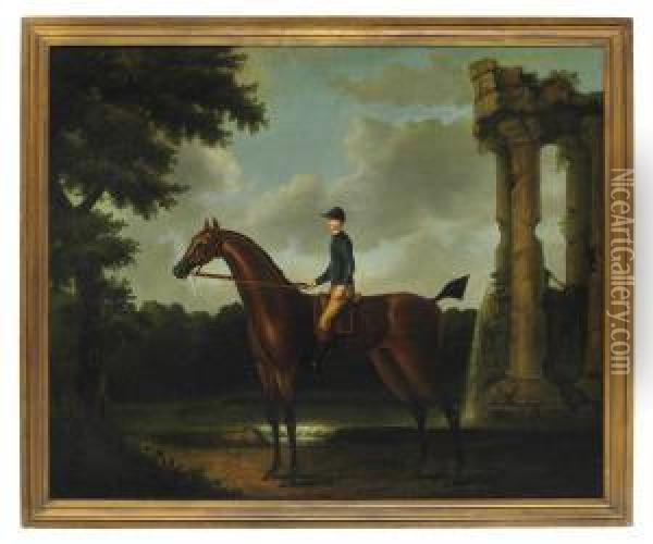 A Bay Racehorse With Jockey Up In A Wooded Landscape By A Classical Ruin With A Fountain Inscribed 'drowsy Oil Painting - Daniel Quigley