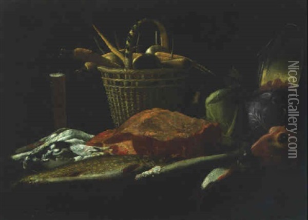 A Basket Of Vegetables, Cabbages, A Sheep's Head, Dead Fish, A Joint Of Meat, Dead Pigeons And A Tall Glass On A Table Oil Painting - Giuseppe Recco
