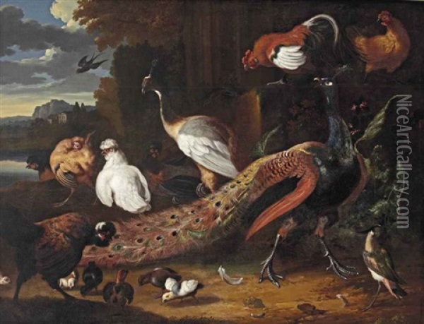 A Peaken, Hens, Chicks And A Rooster In A Park Landscape Oil Painting - Melchior de Hondecoeter