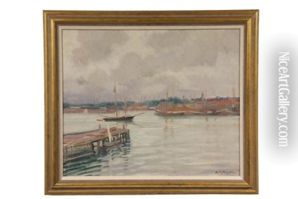 Harbor Scene Under Grey Skies Oil Painting - Arthur Merton Hazard