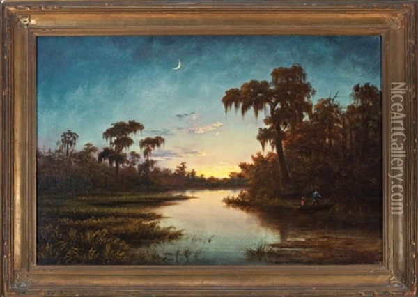 Crescent Moon Over The Bayou Oil Painting - Harold Rudolph