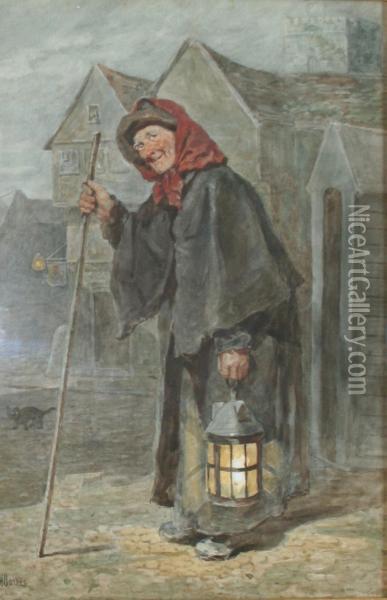 Old Lady With A Lantern Oil Painting - Joseph H. Barnes