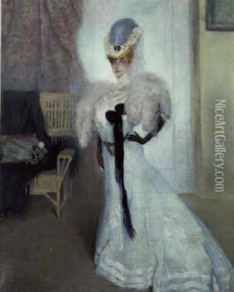 Portrait Of A Society Lady, Standing Three-quarter Length In An Interior Oil Painting - Gino (Friedrich Pollak) Parin