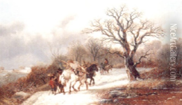 Returning Home With Firewood In A Winter Landscape Oil Painting - Alexis de Leeuw