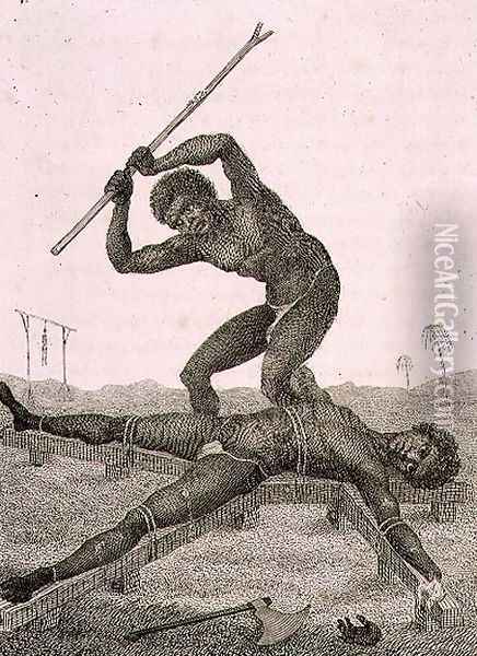 The Execution of Breaking on the Rack, 1793, plate 72 from Narrative of a Five Years Expedition against the Revolted Negroes of Surinam, pub. 1806 Oil Painting - John Gabriel Stedman