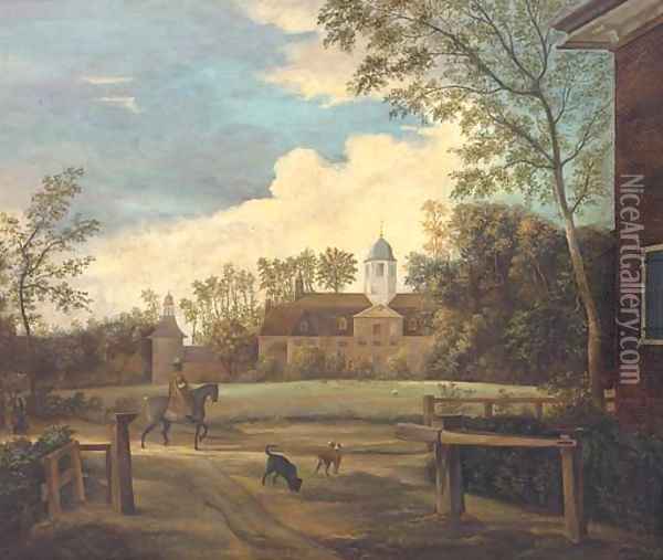 An elegant traveller and two dogs before a country house Oil Painting - Jan Van Der Heyden