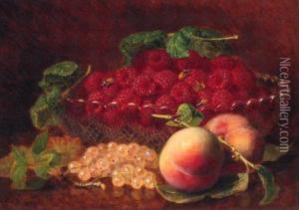 Peaches, Whitecurrants, Raspberries In A Glass Bowl, Andwasps Oil Painting - Eloise Harriet Stannard