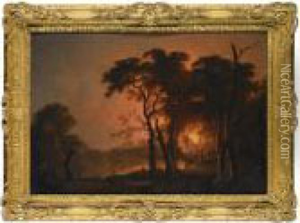 A Fire Seen Through Trees Oil Painting - Josepf Wright Of Derby