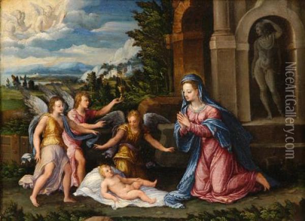 Madonna Con Bambino E Angeli In Un Paesaggio Oil Painting - Camillo Filippi (Ferrara)