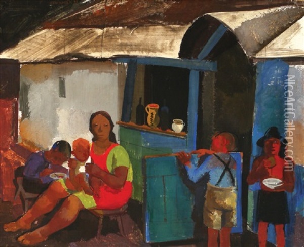 Figures In The Village Oil Painting - Vilmos Aba-Novak