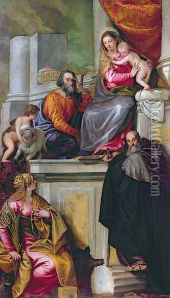 The Holy Family with St. John the Baptist, St. Anthony Abbot and St. Catherine, 1551 Oil Painting - Paolo Veronese (Caliari)