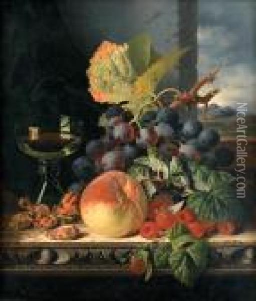 Still Life With Mixed Fruit And A Glass On A Ledge By A Window Oil Painting - Edward Ladell