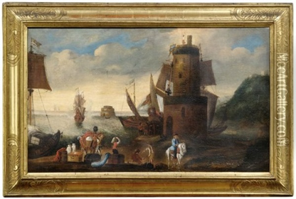 Zwei Hafenansichten (pair) Oil Painting - Adriaen Van Der Cabel