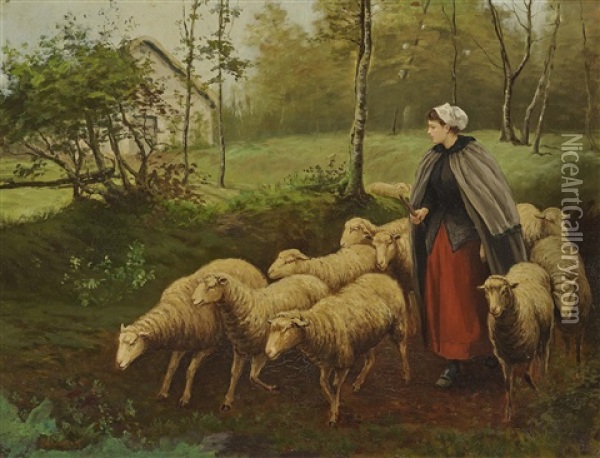 Shepherdess With Flock Of Sheep Oil Painting - Gaylord Sangston Truesdell