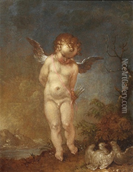 Nachdenklicher Amor Ein Taubenpaar Betrachtend Oil Painting - Januarius Johann Rasso Zick