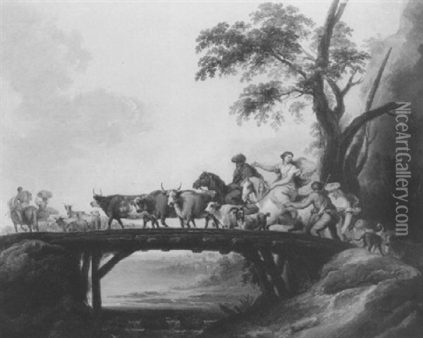 A Train Of Cowherds And Shepherdesses With Their Livestock Crossing A Wooden Bridge In An Italianate Landscape Oil Painting - Philip James de Loutherbourg