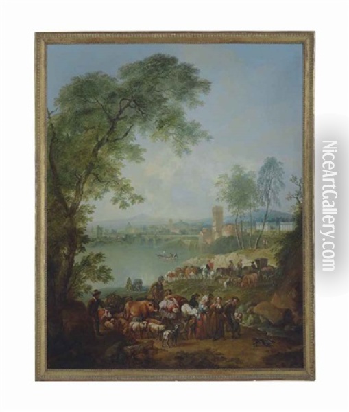 An Italianate River Landscape With Herdsmen And Their Cattle And Sheep In The Foreground, A Bridge And A Town Beyond Oil Painting - Johann Christian Brand