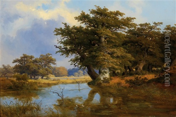 Old Oak Trees On The Riverbank Oil Painting - Ludwig Christian Wagner